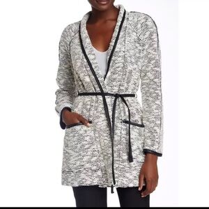 Rebecca Taylor Boucle Tweed Faux Leather Trim Sweater Jacket black white Sz 4